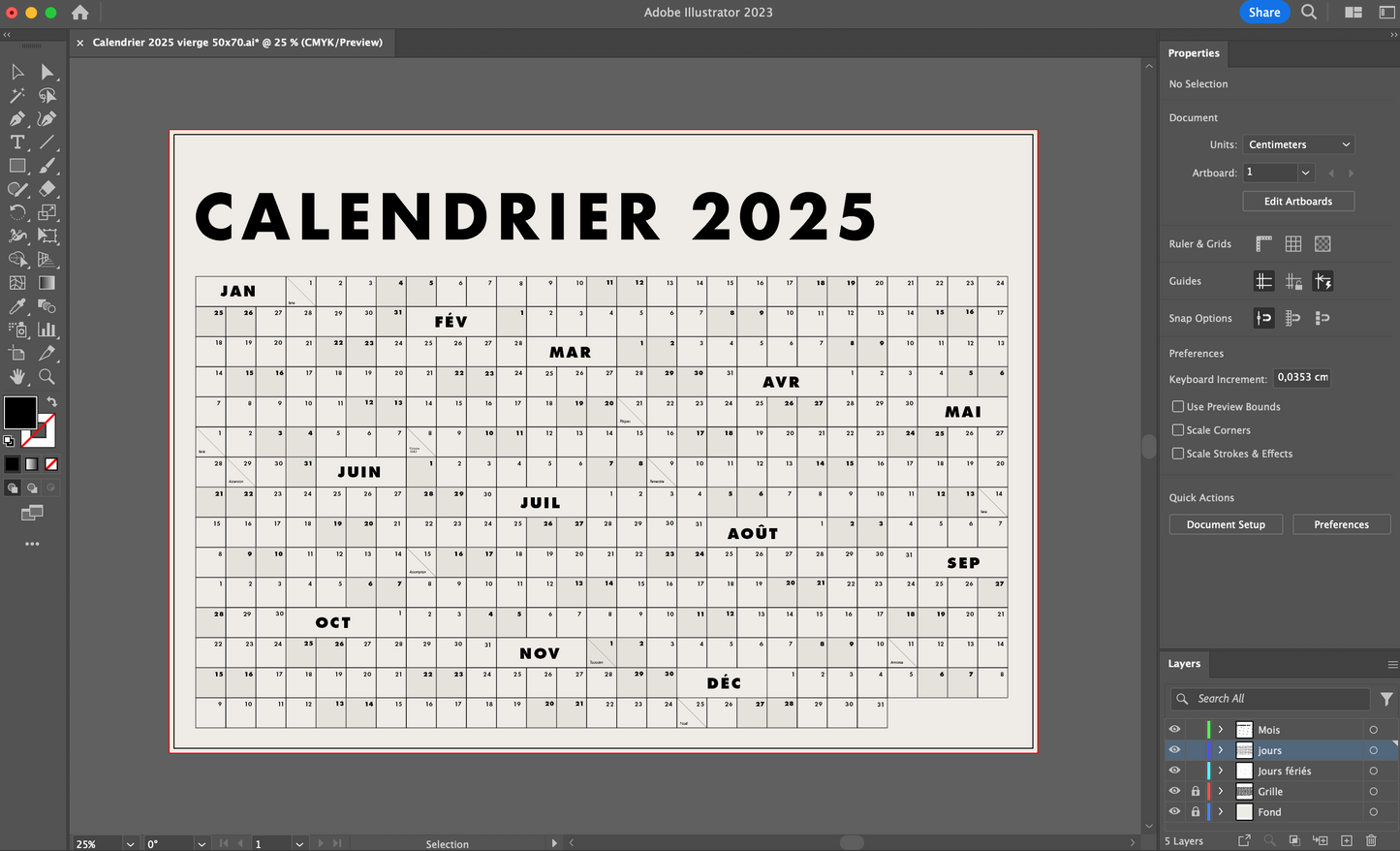 Calendrier mural 2025 50x70cm - Fichier téléchargeable (PDF & Ai)