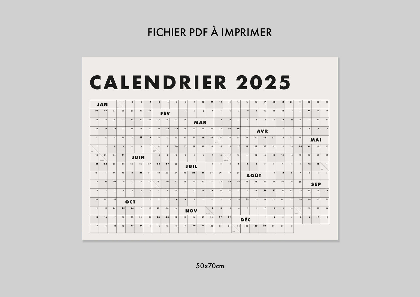 Calendrier mural 2025 50x70cm - Fichier téléchargeable (PDF & Ai)